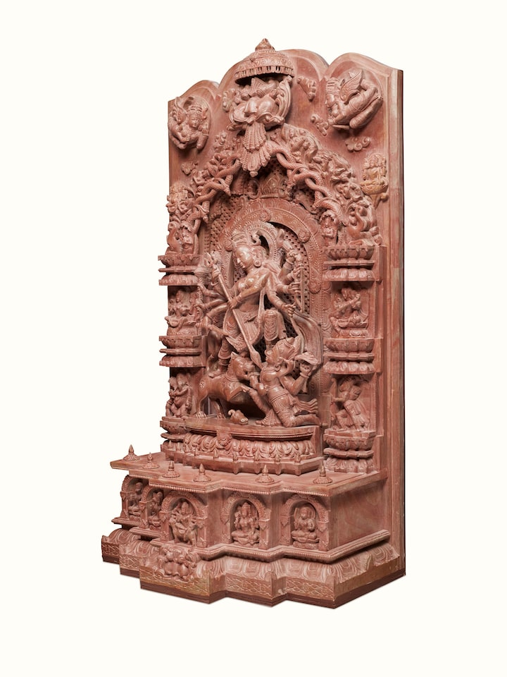 Detail view of Stone Devi Idol focusing on the fine craftsmanship and devotional features.