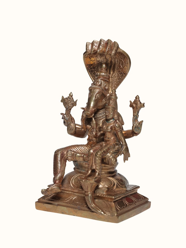 Angled view of the Bronze Cast Varaha Lakshmi Idol