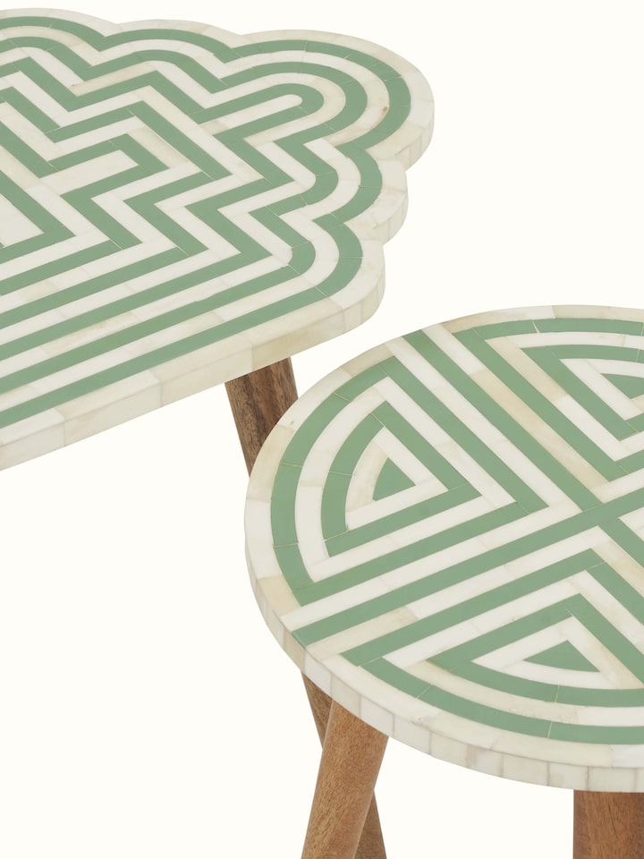 Detailed view of Grey Acacia Wood Bone Inlay Nesting Tables (2 Pcs) showcasing the fine bone inlay and woodwork details.