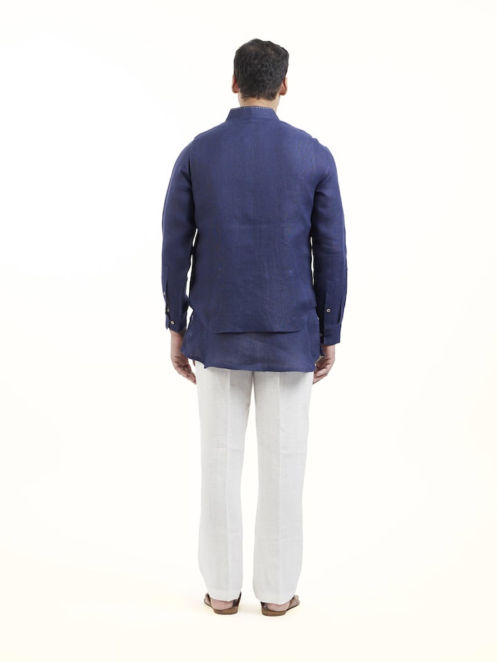 Navy Blue Linen Handloom Jacket Set