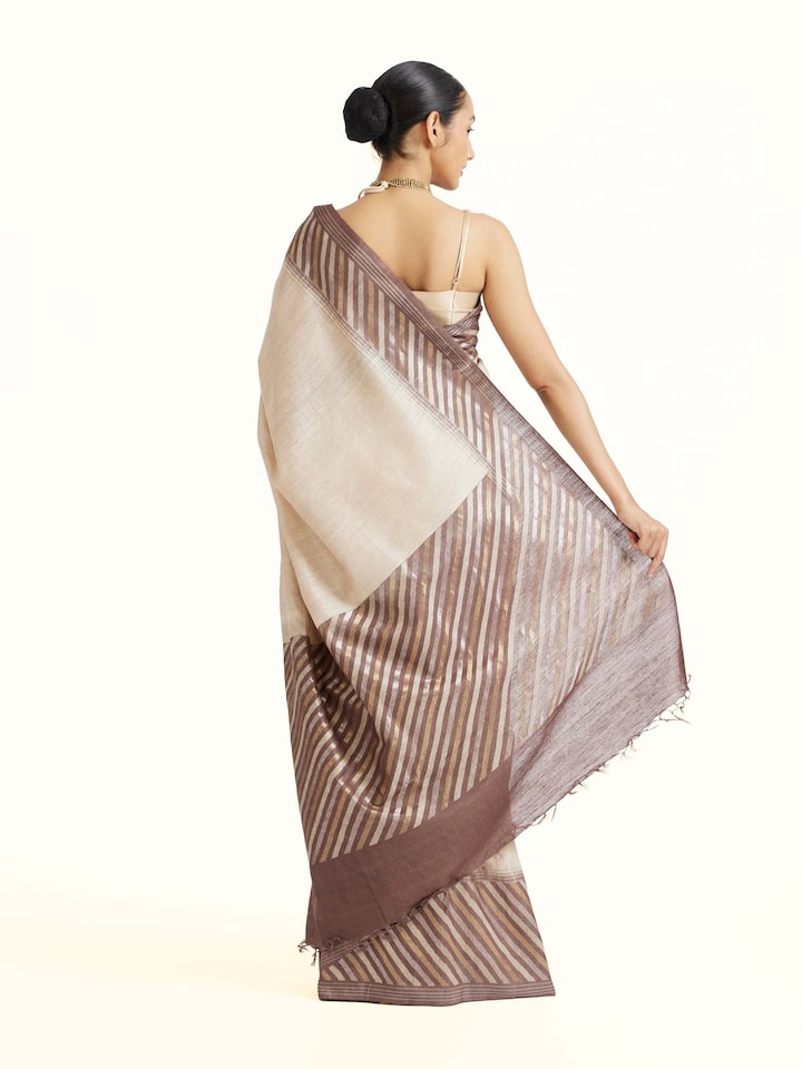 Back view of the Beige Tussar Muga Silk Saree