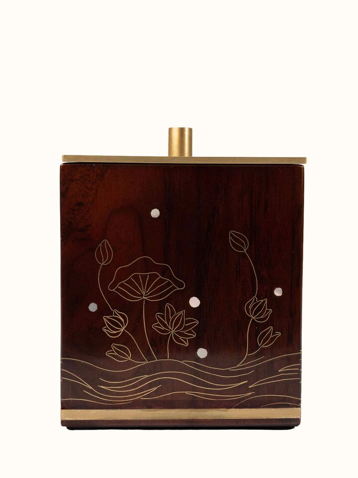 Front view of Kamal Tarkashi Teak Wood Cotton Jar showing the front design and form