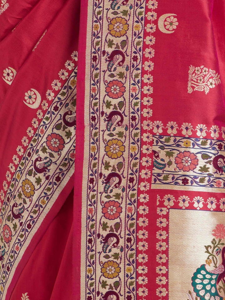 Detailed view of Red Ashavali Brocade Silk Saree focusing on the fine craftsmanship and texture