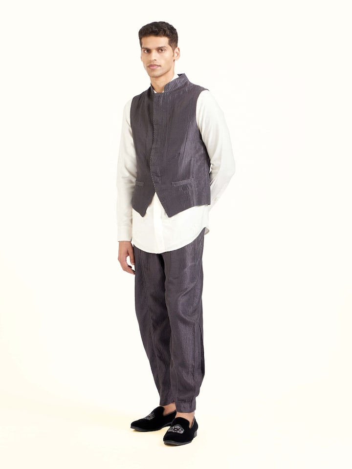 Side view of grey silk handloom silk ethnic jacket showcasing tailored fit