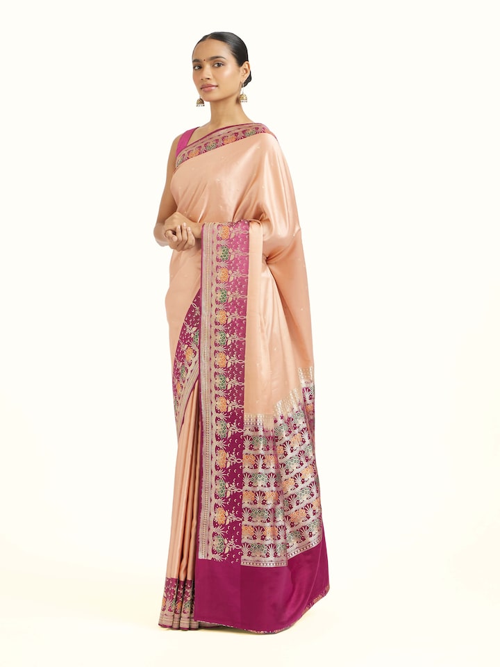 Side view of White Silk Banarasi Saree highlighting the woven border detailing