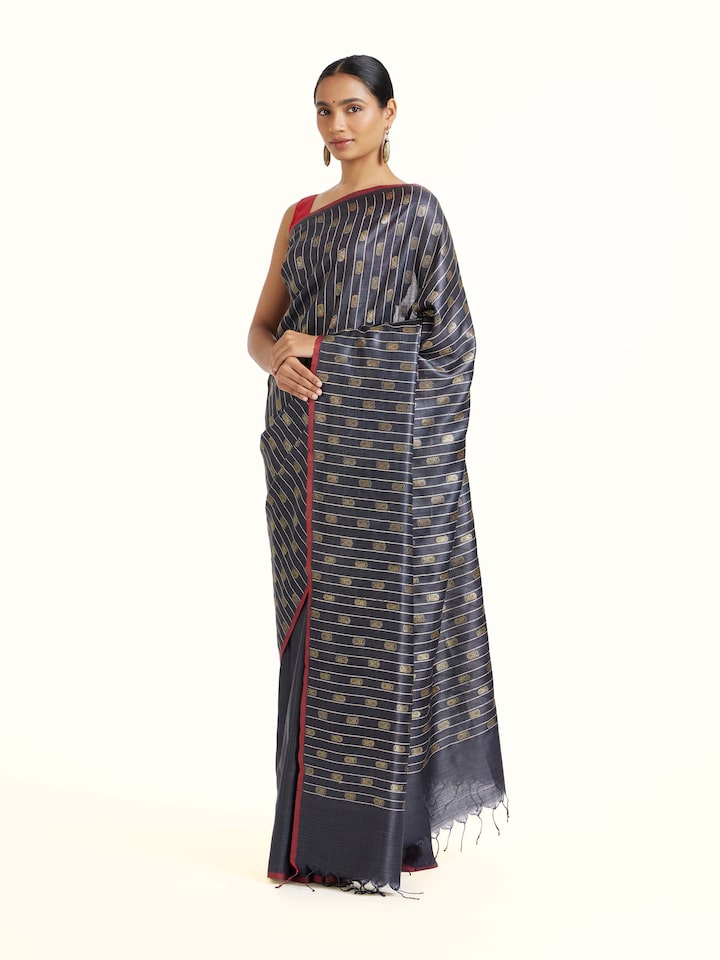 Side view of Blue Tussar Silk Odisha Ikat Saree highlighting the detailed craftsmanship and elegant silhouette