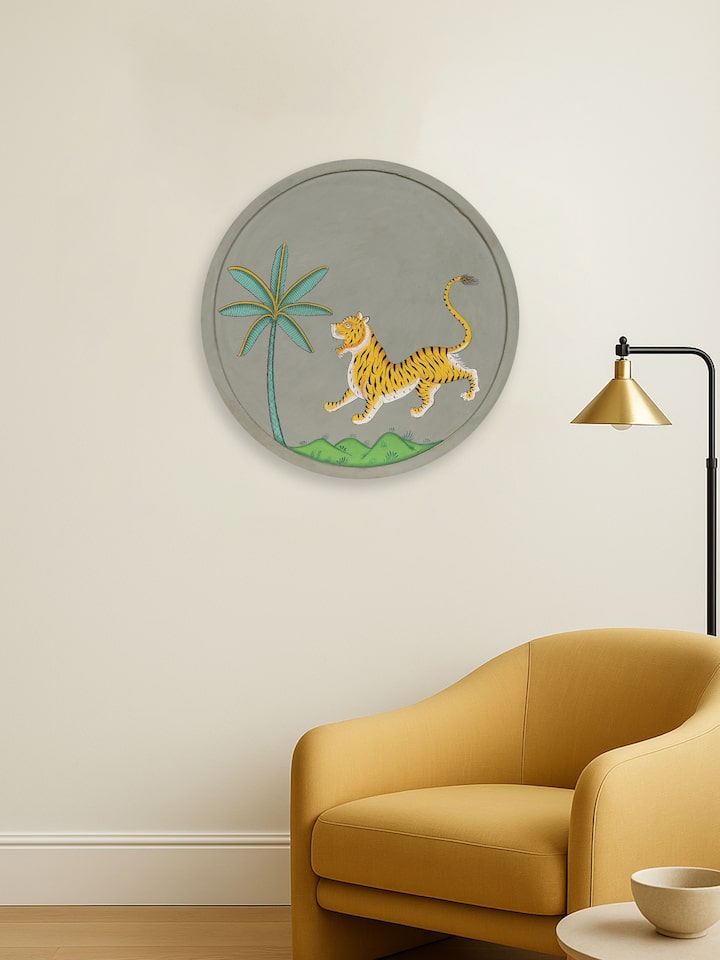 Side view of the Tiger and Tree Pichwai Painting Wall Plate