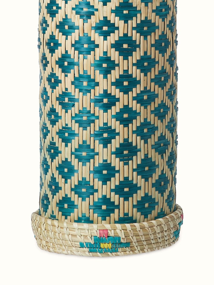 Side view of Kanshi basketry natural fibre pendant light in teal color showcasing the pendant's design and natural fiber craftsmanship