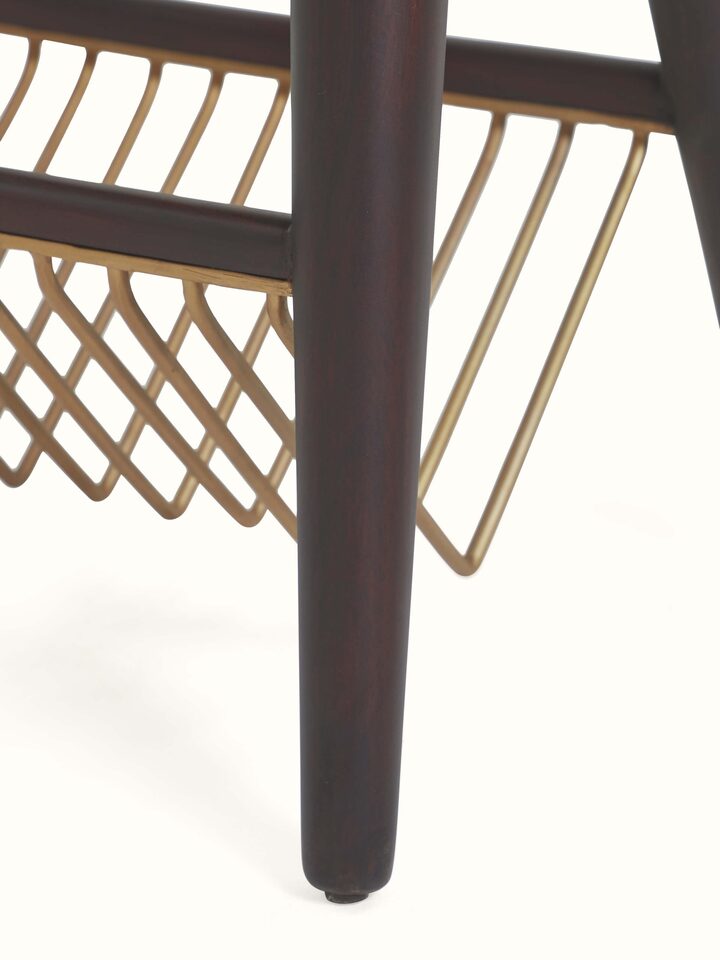 Back view of Swadesh Sheesham Wood & Brass Tarkashi Magazine Rack with Metal Shelf displaying the quality wood and sturdy metal shelf