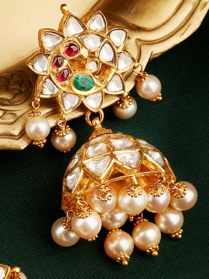 Hyderabad Jadau 22 Karat Gold Drop Earrings