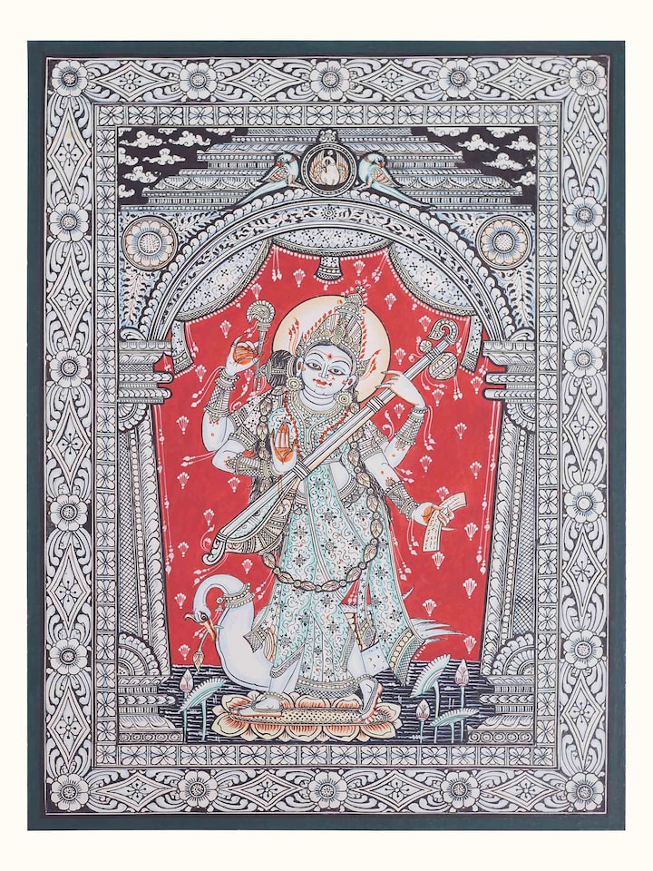 Front view of the Saraswati Canvas Patachitra Painting