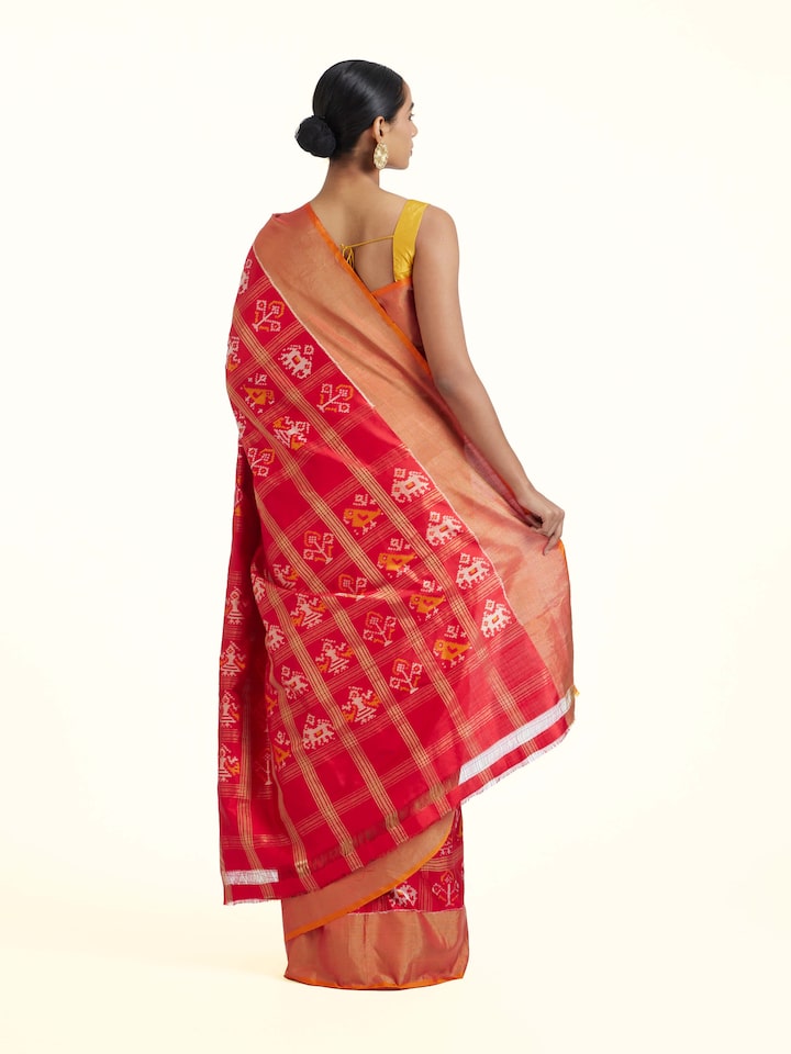 Back view of Red Pochampally Ikat Silk Saree emphasizing the overall design and fine details