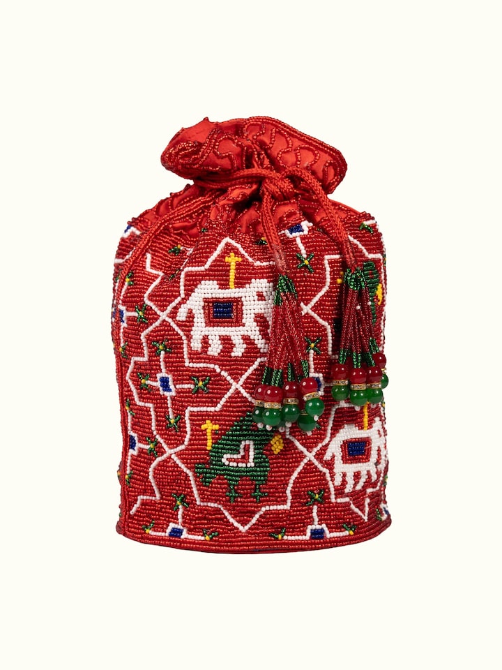 Close-up view of Beadwork Red Potli Bag highlighting the fabric weave and craftsmanship