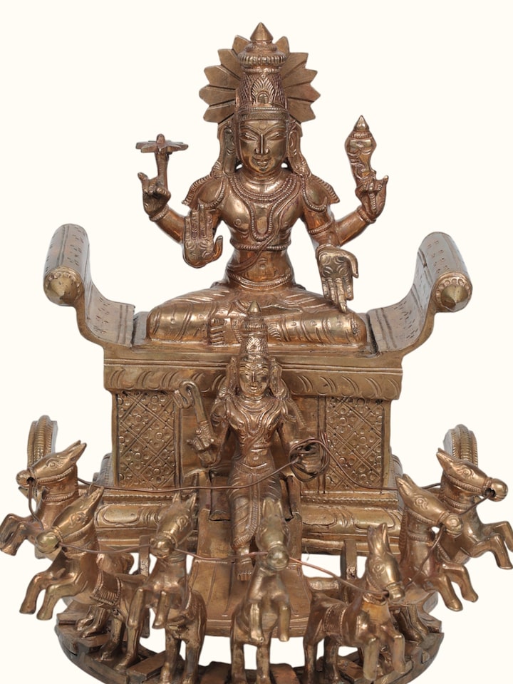 Close-up detail of the Bronze Cast Suryanarayana Idol
