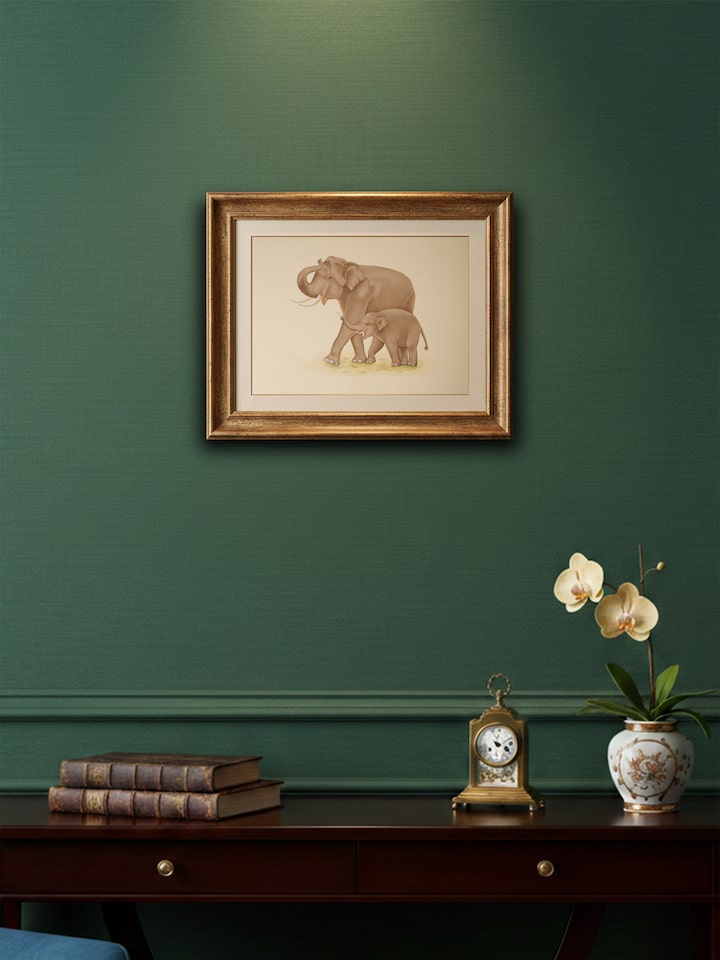 Side view of the Elephant with Calf Miniature Painting