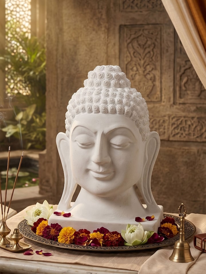 Side view of the Tranquil Carved Stone Buddha Face Idol