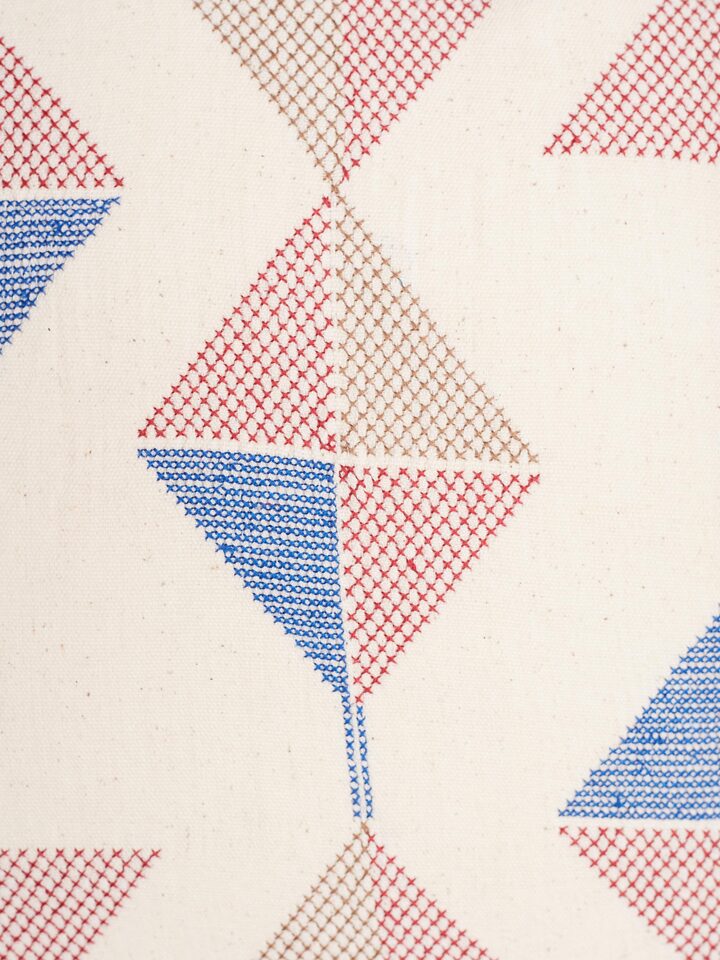 Close-up of hand embroidery detail on Uttarayan cotton cushion cover