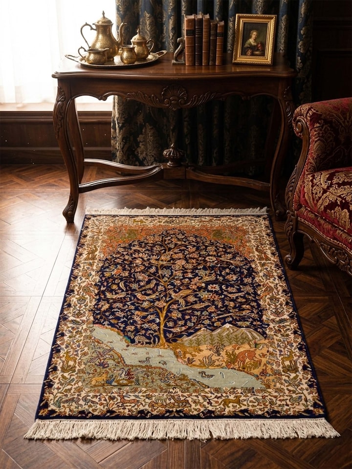 Lifestyle view of the Traditional Persian Navy Rust Tree of Life Kashmir Silk Hand-Knotted Carpet