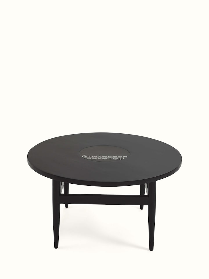 Angled view of Swadesh Mango Wood & Metal Bidriware Coffee Table showcasing detailed Bidriware design and sturdy frame