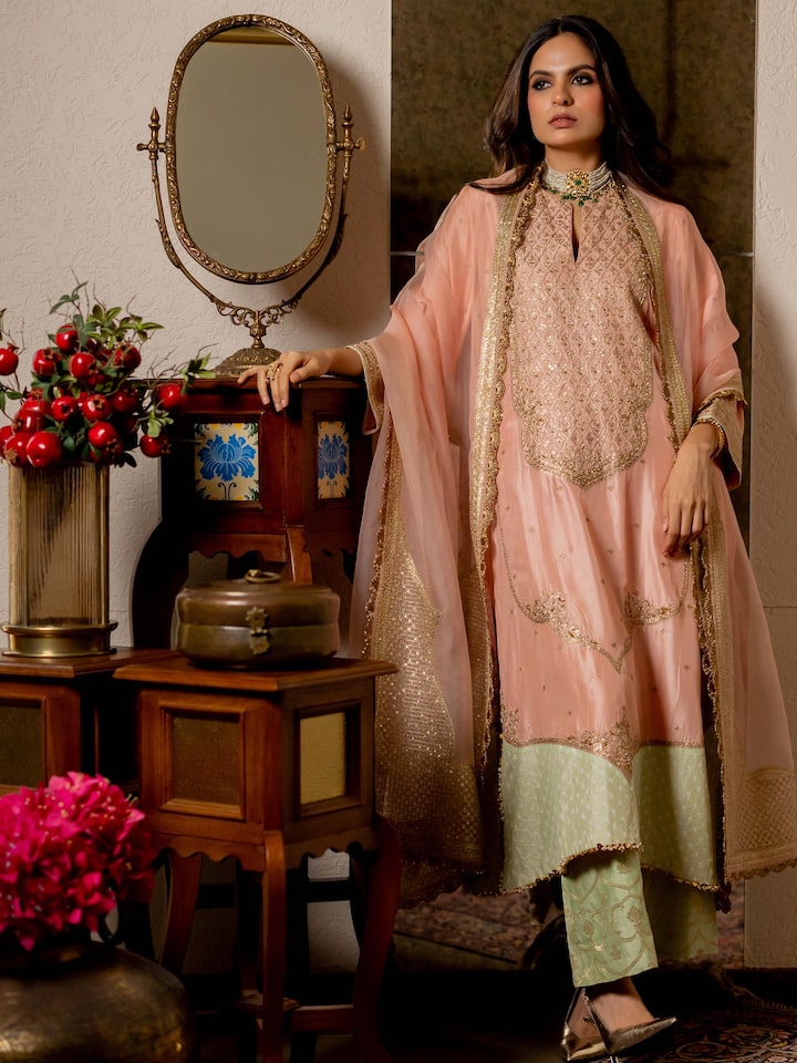 Front view of the Blush Pink Silk Hand Daman Embroidered Long Yoke Kurta Set (2 Pcs)