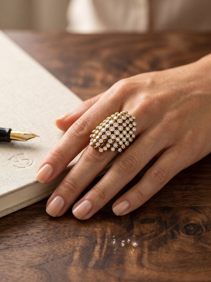 Styled view of Silver Smithing Ring worn on the finger, showing how it looks styled, from a different angle