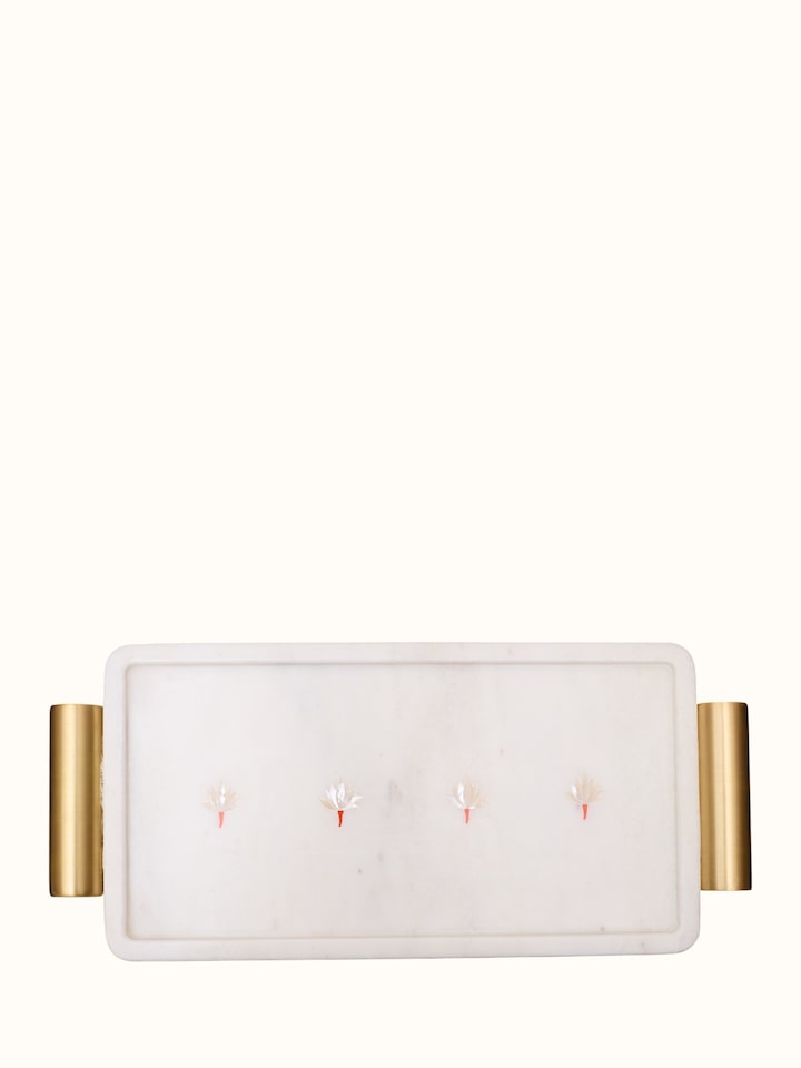 front view of marble pacchikari large tray with intricate inlay design