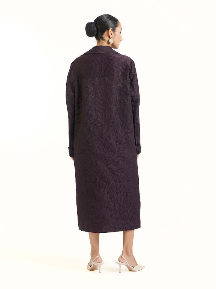 Back view of purple silk kantha trench coat showing overall design