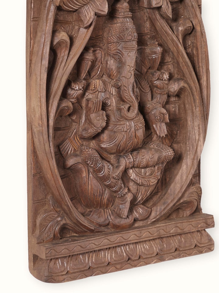 Detail view of the Wood Carved Ganesha Wall Panel (2 Pieces)