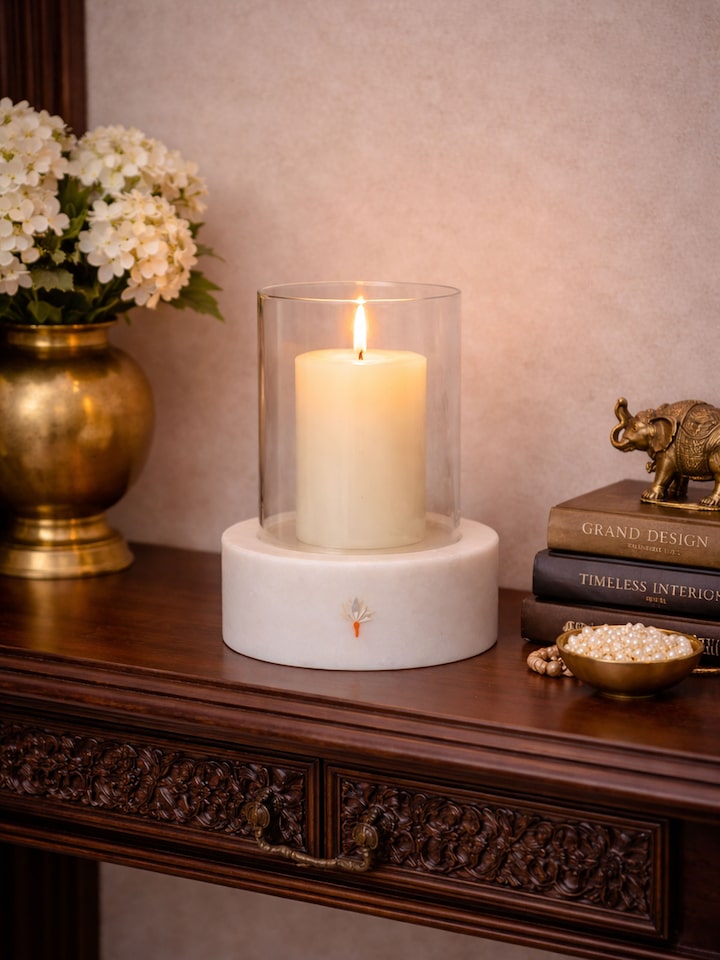 lifestyle view of marble inlay pacchikari candle holder