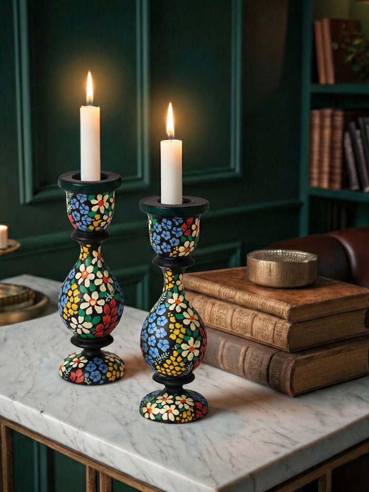 Front view of Papier-mache Candle Bases Multicolor (2 Pcs)