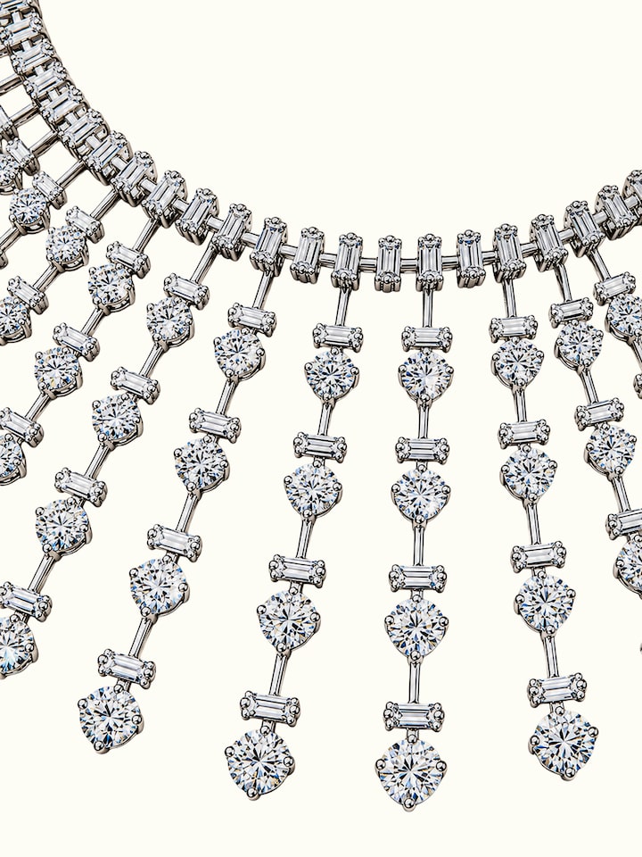 Detail view of Open Setting 14 Karat White Gold and Diamond Collar Necklace highlighting the stone setting and metalwork detail, from a different a...