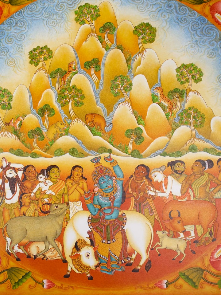 Detail view of Govardhana Giri Kerala Mural Painting highlighting the intricate linework and detail