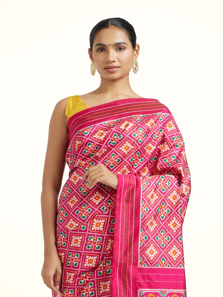 Draped detail view of the Pink Mulberry Silk Pochampally Double Ikat Handloom Saree