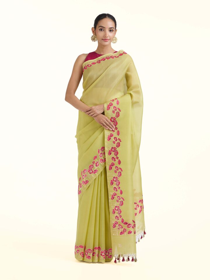 Front view of the Green Banarasi Organza Silk Saree