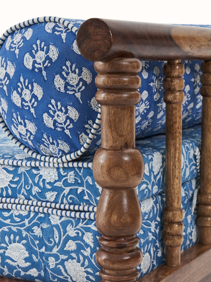 Bottom view of Sheesham wood Sanganeri block print bench displaying its craftsmanship