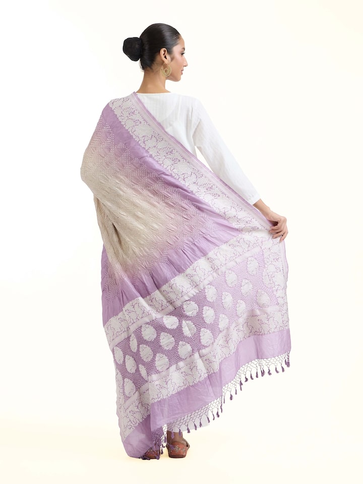 Back view of Light Purple Bandhani Tie & Dye Dupatta emphasizing the overall design and fine details