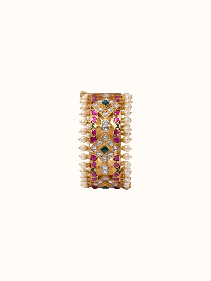 Detail view of Jadau Silver Bangle highlighting the stone setting and metalwork detail