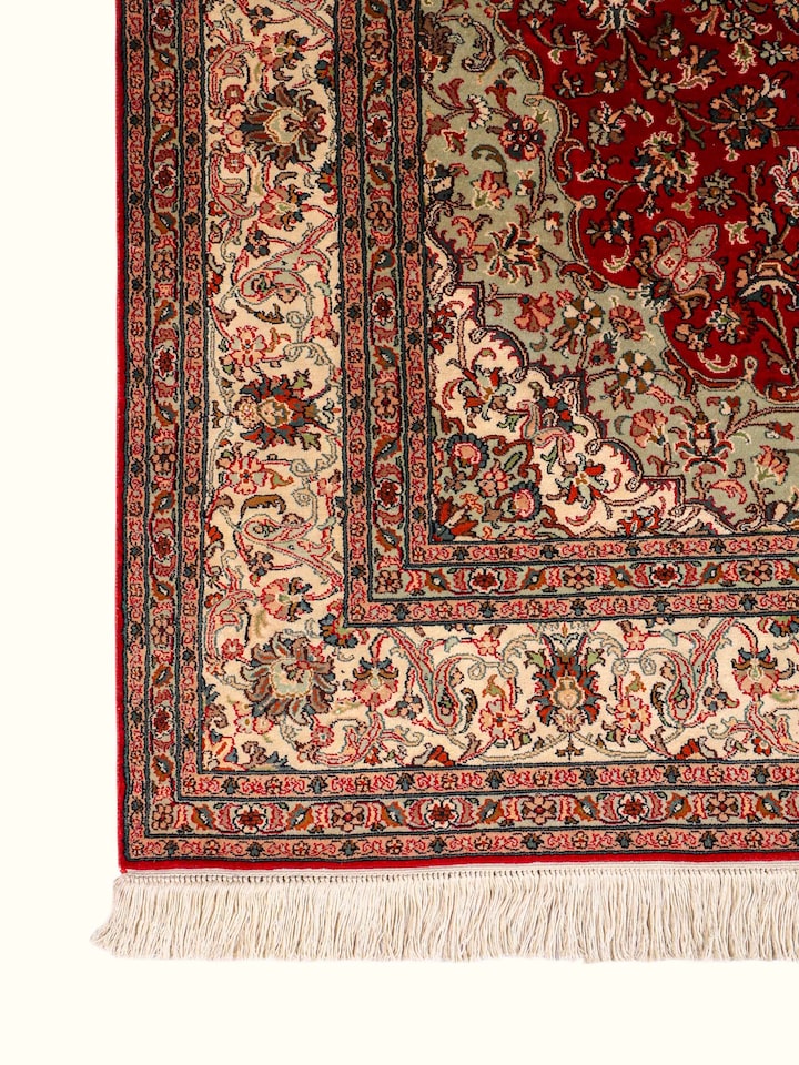 Close-up of the Traditional Persian Red Ivory Kashan Kashmir Silk Hand-Knotted Carpet