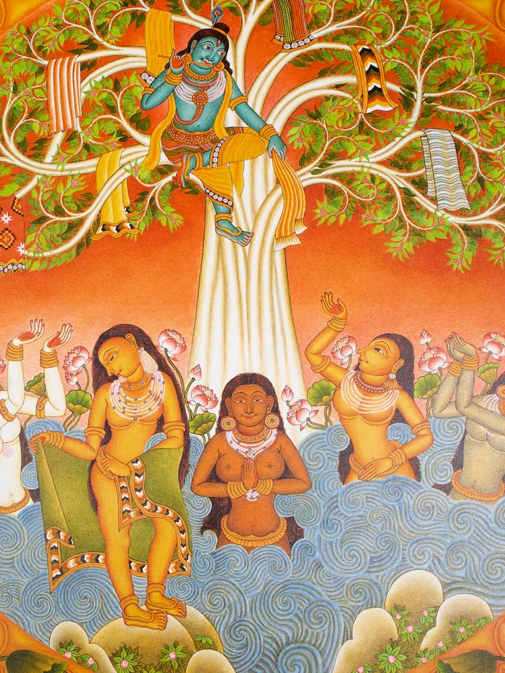 Detail view of Gopi Vasthraharna Kerala Mural Painting highlighting the intricate linework and detail