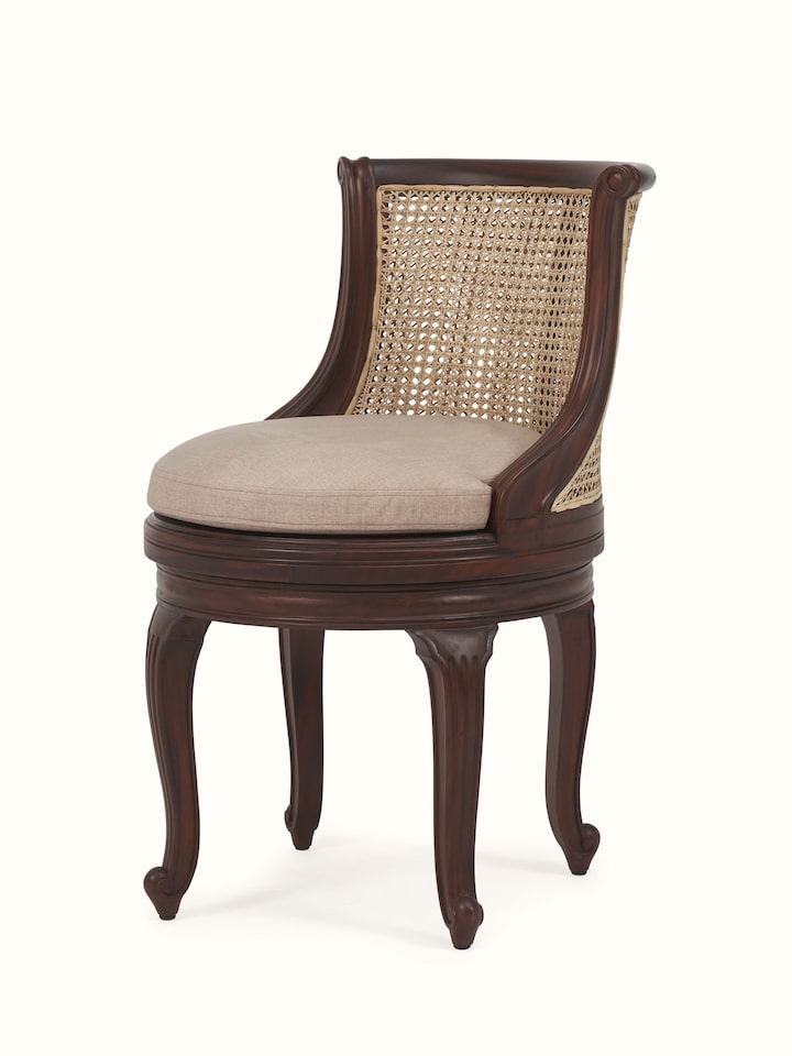 Angle view of upholstered Mahogany wood study chair focusing on minimalist design with comfort