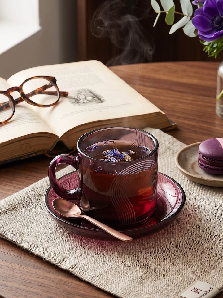 Side view of the Firozabadi Coloured Glass Teacup & Saucer