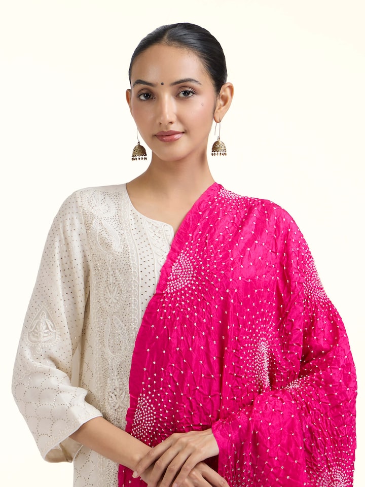 angled view of pink bandhani tie and dye dupatta