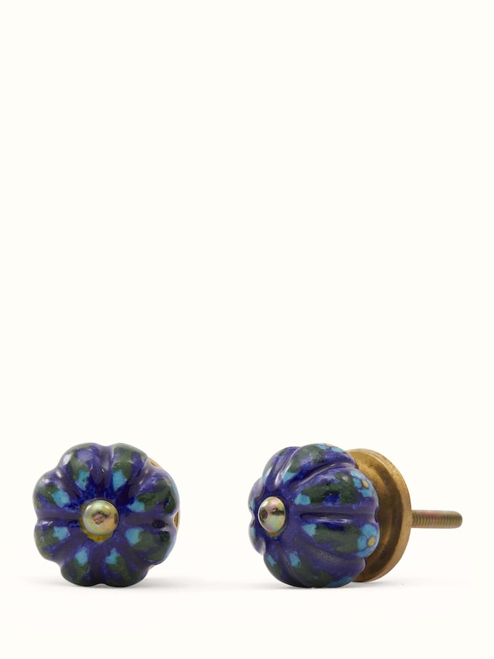 Front view of Blue Pottery Round Rib Door Knob Set