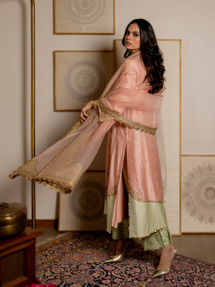 Back view of the Blush Pink Silk Hand Daman Embroidered Long Yoke Kurta Set (2 Pcs)