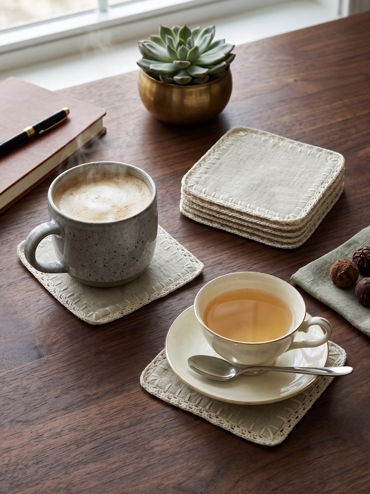 Styled view of Nityam Beige Cotton Slub Crochet Coasters Set Of 6 styled on a table or bed setting