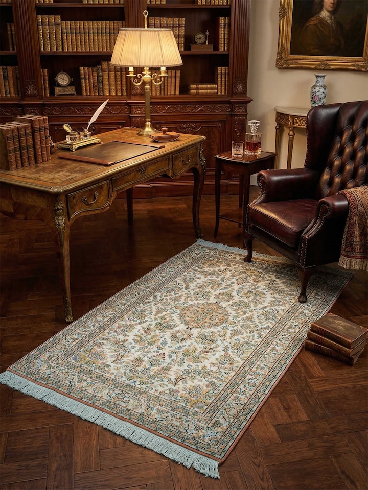 Lifestyle view of the Traditional Persian Ivory Mahal Kashmir Silk Hand-Knotted Carpet