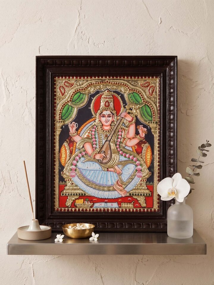 Styled view of Sarswathi Thanjavur Painting displayed against a styled backdrop