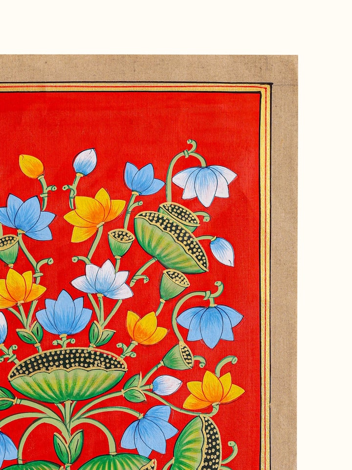 Close-up detail of the Kamal Talai Blue Pichwai Painting