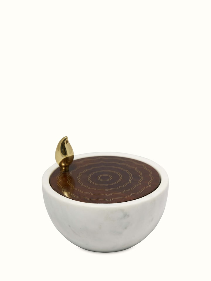 Detailed view of Polished Blue Pottery Marble & Wood Devotional Container focusing on the intricate design and polished finish
