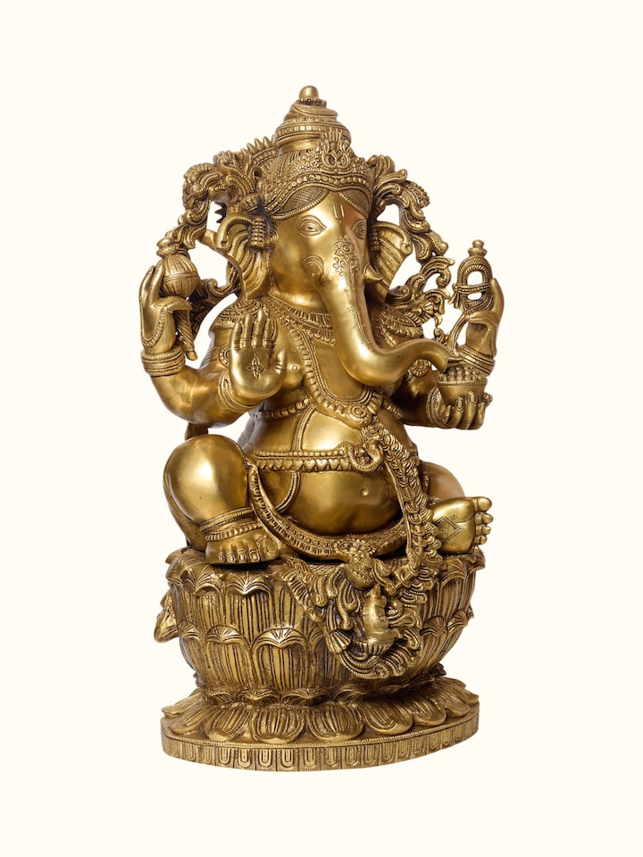 Close-up view of Brass Ganesha Lotus Sitting Idol highlighting the handcrafted detailing and finish